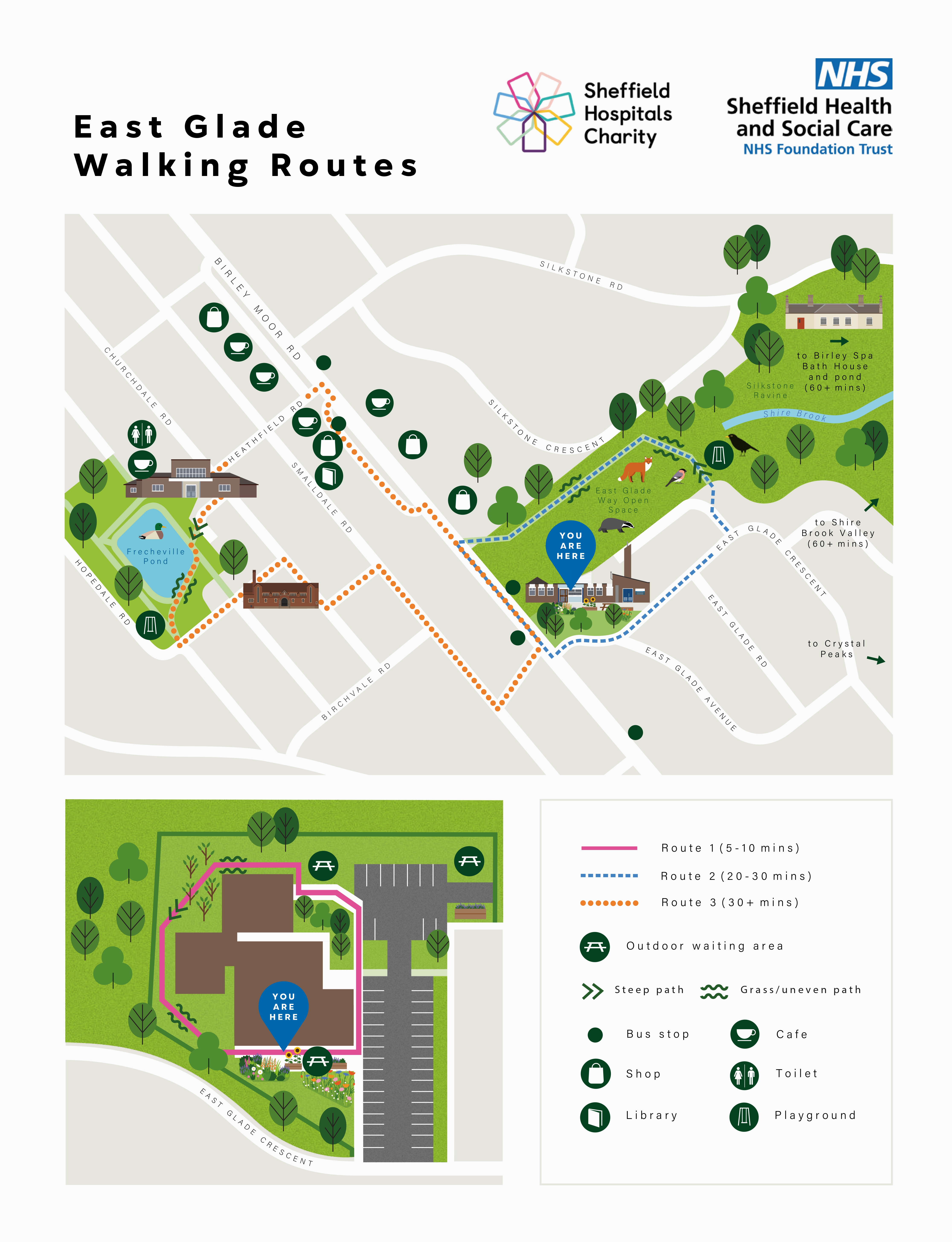 An illustrated map showing the East Glade centre and three walking routes around the local area. The map features wildlife and local parks, as well as indicators for prominent buildings and shops.