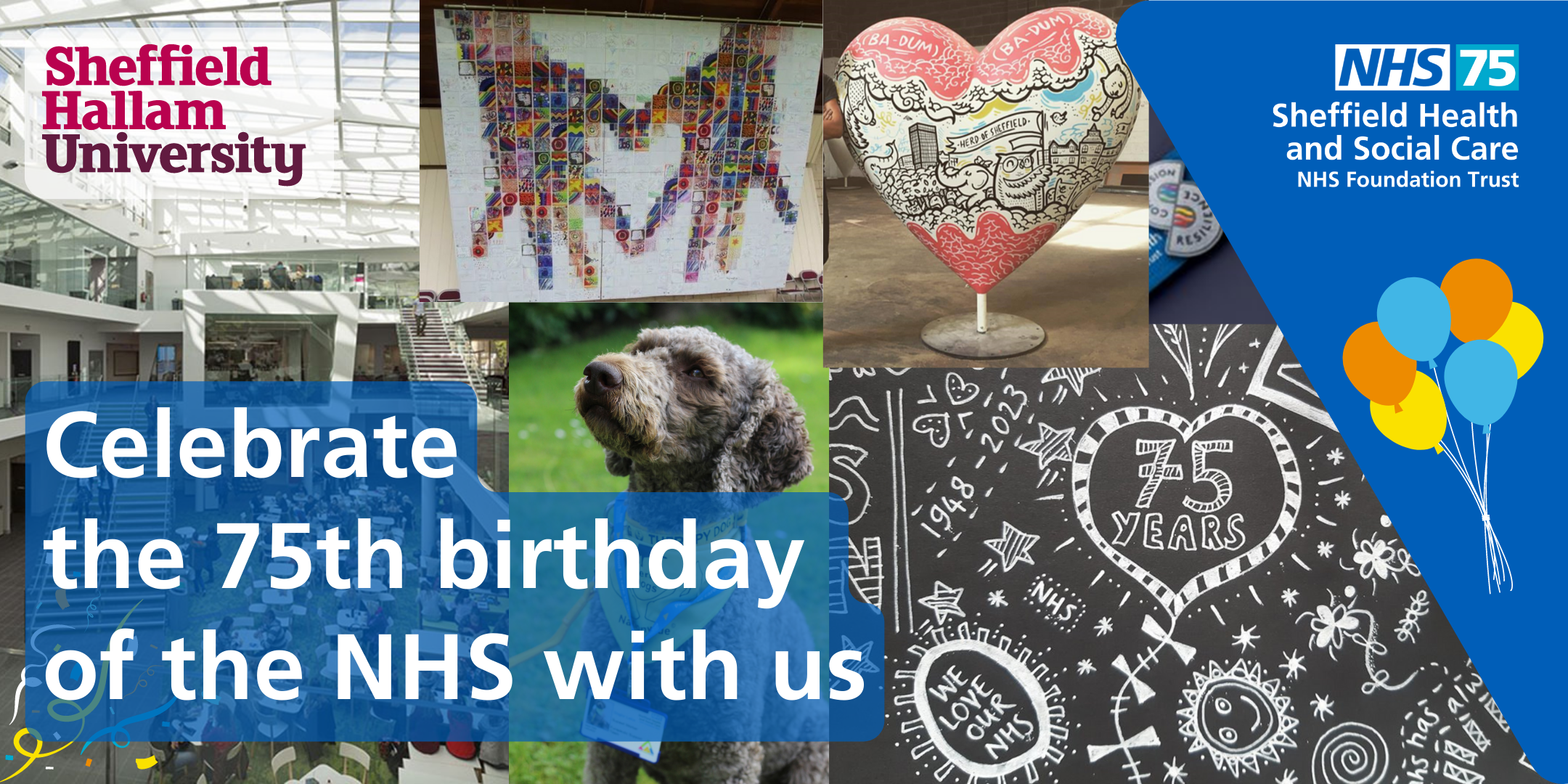 NHS 75 celebration graphic featuring a service dog and love heart artworks