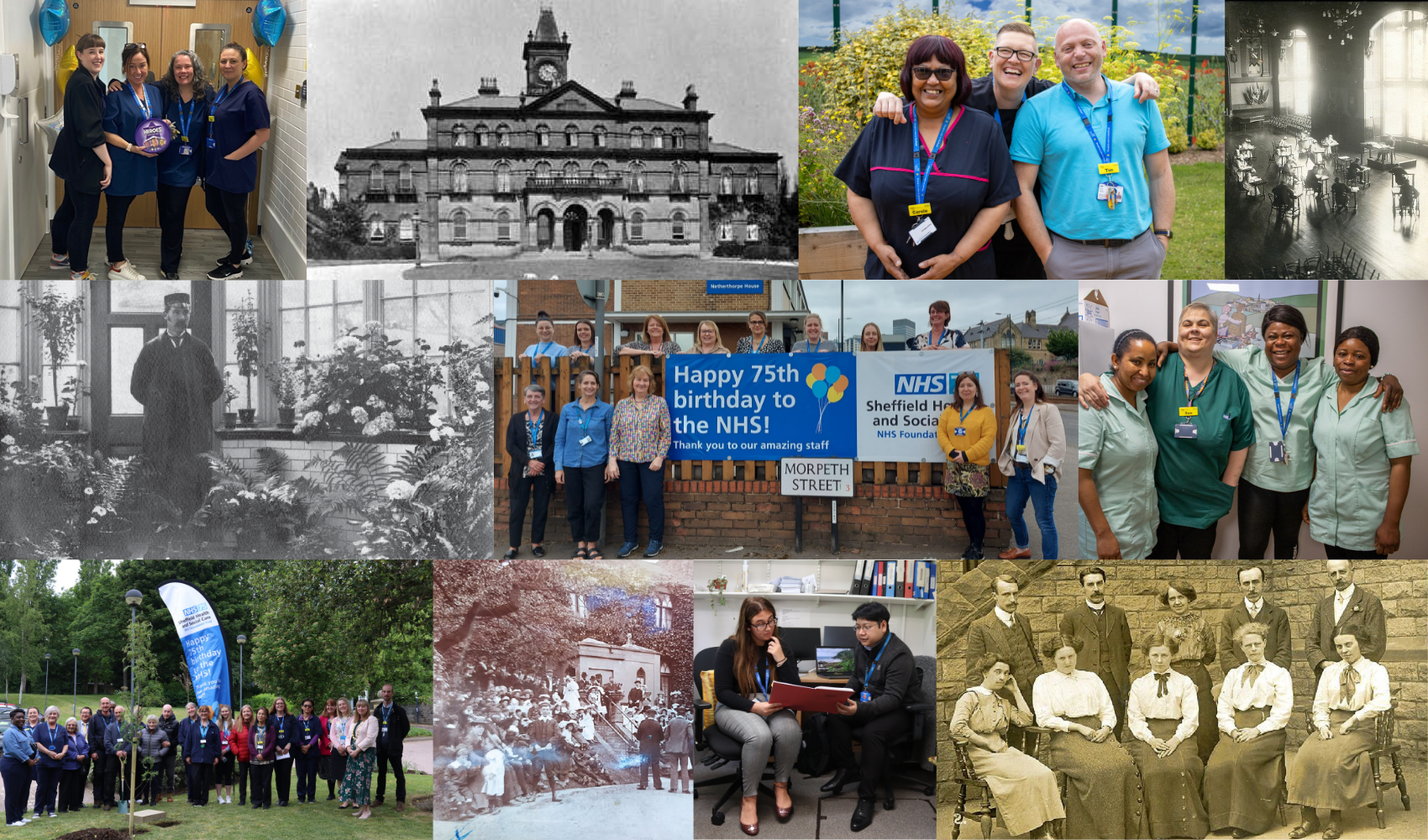 Collage of NHS and healthcare staff, some from Victorian times and some from modern day