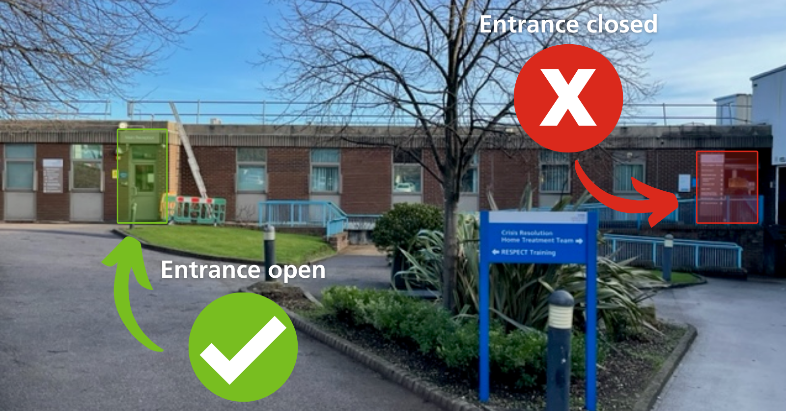 Image of two entrances at the Longley Centre. Entrance on the left open, entrance on the right closed