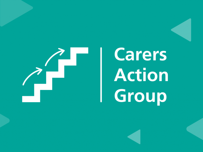 Image of stairs with arrows pointing up the steps next to text saying Carers Action Group