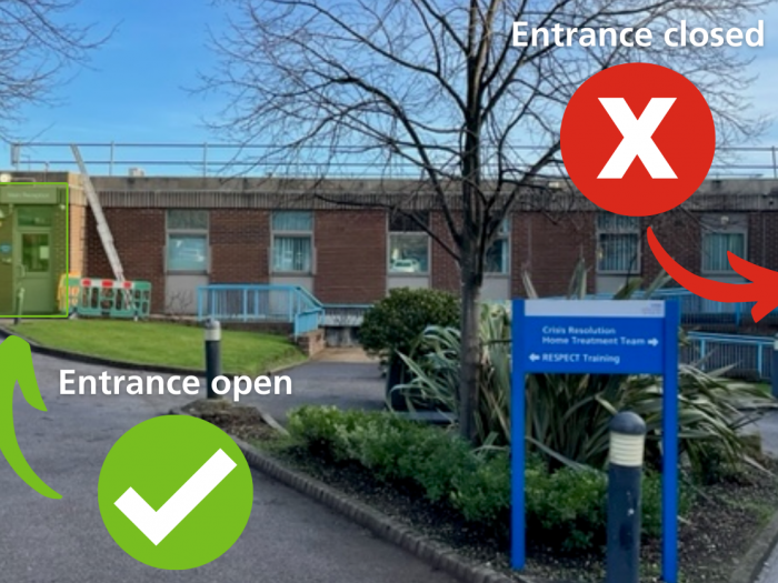 Image of two entrances at the Longley Centre. Entrance on the left open, entrance on the right closed