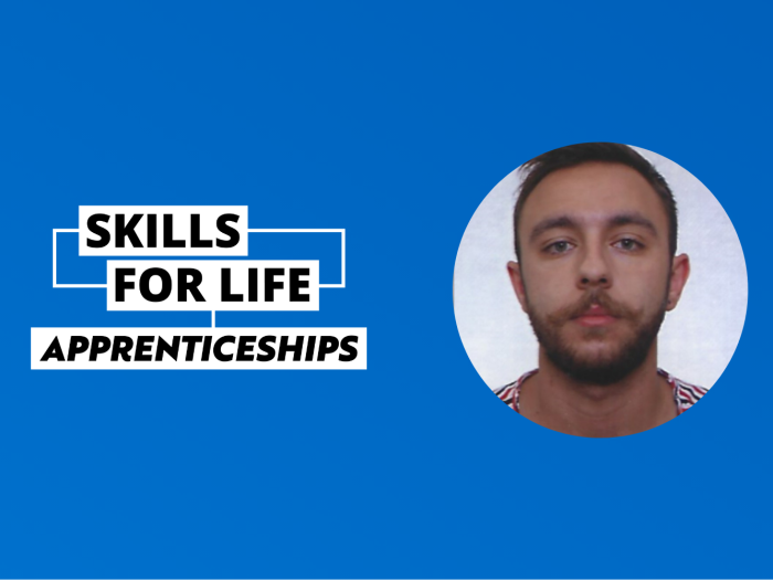 A graphic, with a blue background. Text on the left reads: Skills for life, apprenticeships. Image of Nikos Drosinos on the left.