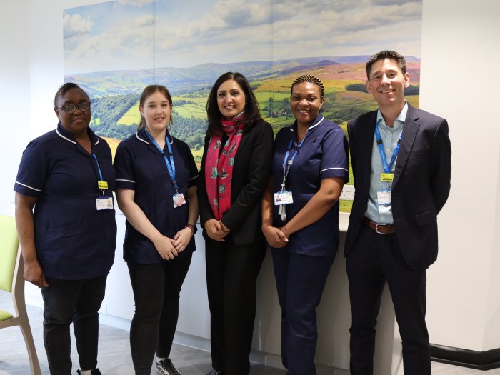 Salma Yasmeen, chief executive, and James Drury, director of strategy, visiting staff at Stanage ward.