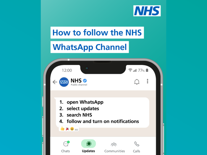 Instructions on how to follow the NHS WhatsApp channel