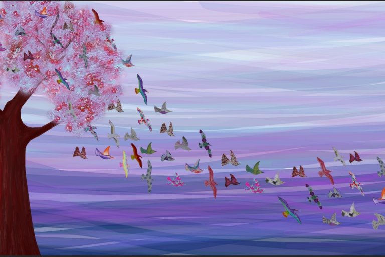 Painting of a cheery blossom tree with birds flying out 