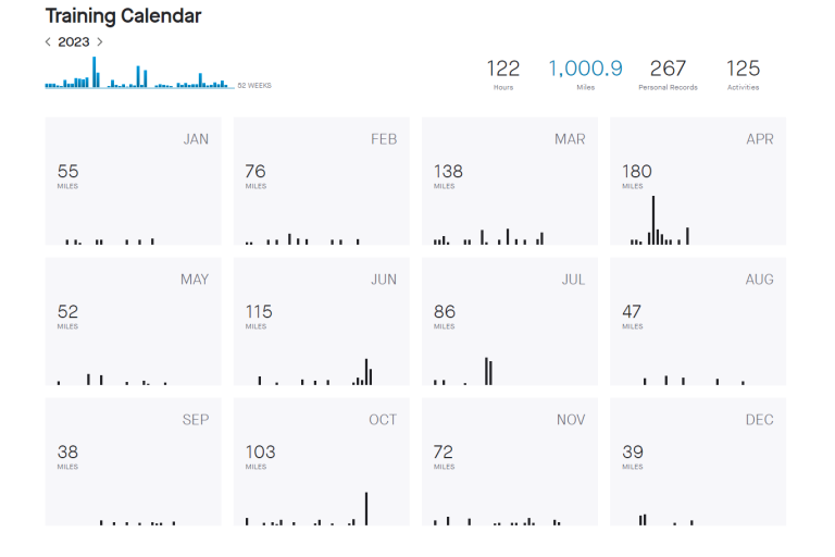 Training log shows the number of miles completed by month over a year, with the total at more than 1000