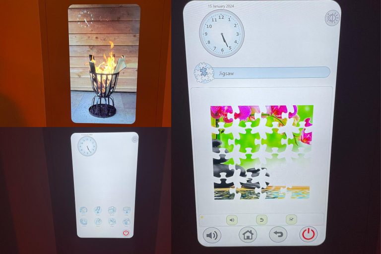 Collage of three pictures of interactive screens, one with a fire displayed, one with an options menu and one with a jigsaw game