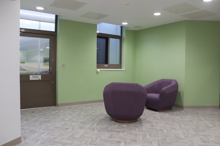 Communal area with two purple chairs and green walls